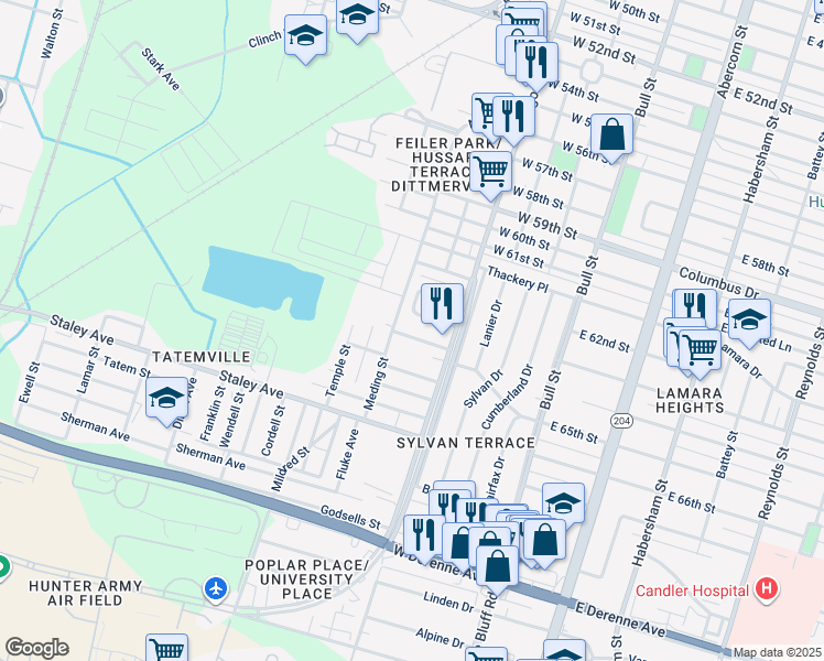 map of restaurants, bars, coffee shops, grocery stores, and more near 416 McKenzie Place in Savannah