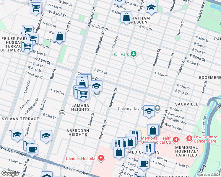 map of restaurants, bars, coffee shops, grocery stores, and more near 328 East 60th Street in Savannah
