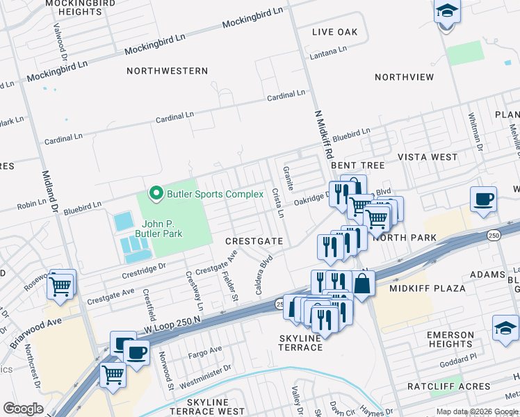 map of restaurants, bars, coffee shops, grocery stores, and more near 3601 Oakridge Drive in Midland