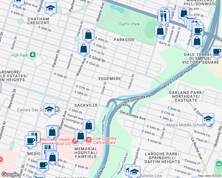 map of restaurants, bars, coffee shops, grocery stores, and more near 1501 East 56th Street in Savannah
