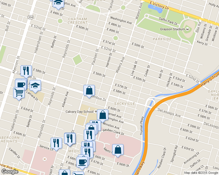 map of restaurants, bars, coffee shops, grocery stores, and more near 723 East 57th Street in Savannah