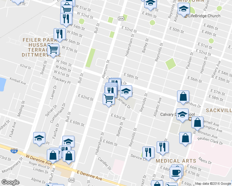 map of restaurants, bars, coffee shops, grocery stores, and more near 4420 Habersham St in Savannah