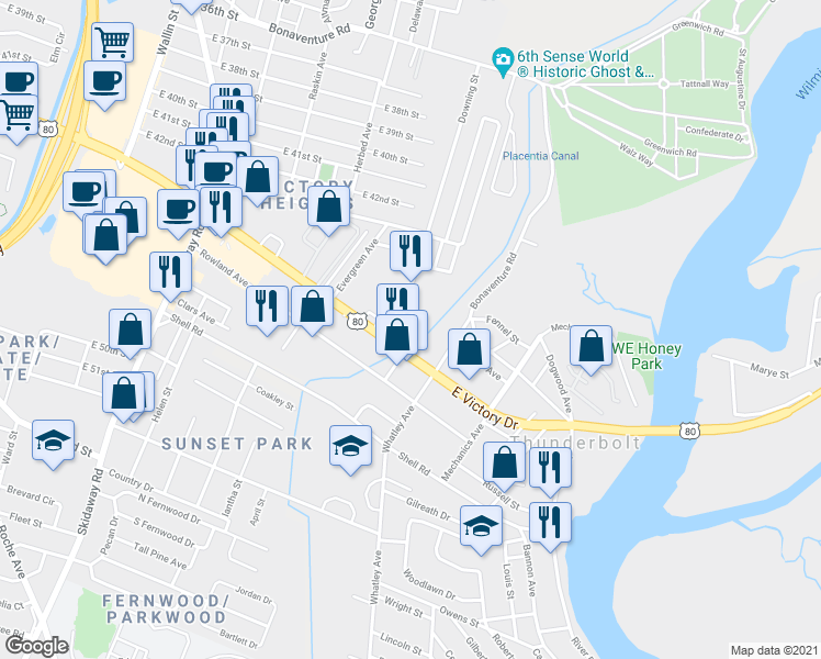 map of restaurants, bars, coffee shops, grocery stores, and more near 3016 East Victory Drive in Savannah