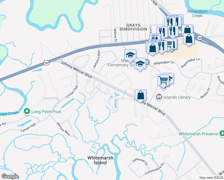 map of restaurants, bars, coffee shops, grocery stores, and more near 1737 Whitemarsh Way in Savannah
