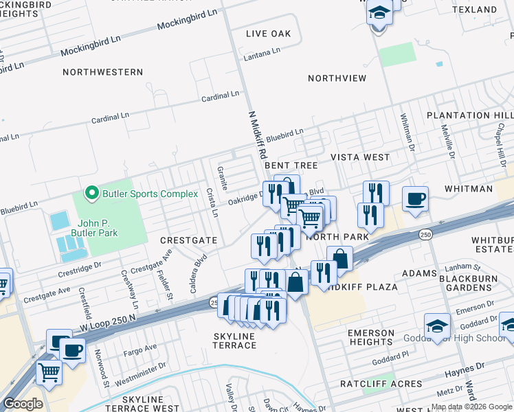 map of restaurants, bars, coffee shops, grocery stores, and more near 3330 Caldera Boulevard in Midland