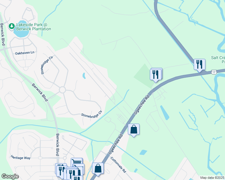 map of restaurants, bars, coffee shops, grocery stores, and more near 102 Laguna Way in Savannah