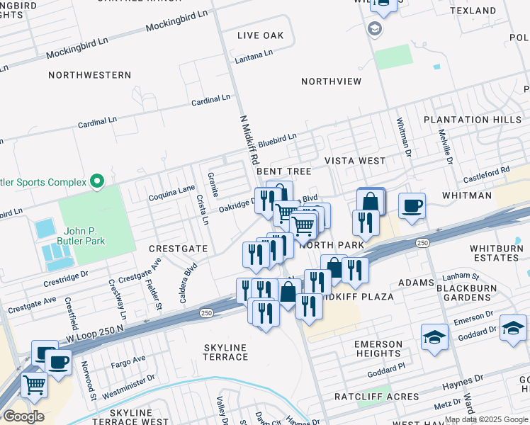 map of restaurants, bars, coffee shops, grocery stores, and more near 4723 North Midkiff Road in Midland