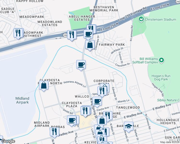 map of restaurants, bars, coffee shops, grocery stores, and more near 3906 North Big Spring Street in Midland