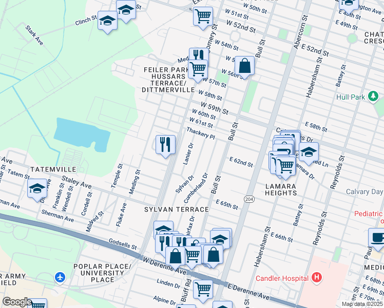 map of restaurants, bars, coffee shops, grocery stores, and more near 4634 Lanier Drive in Savannah