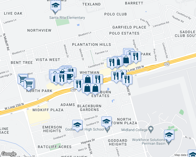 map of restaurants, bars, coffee shops, grocery stores, and more near 2600 Loop 250 Frontage Road in Midland