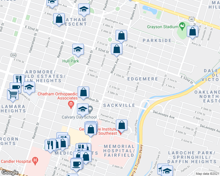 map of restaurants, bars, coffee shops, grocery stores, and more near 1120 East 58th Street in Savannah