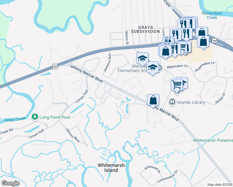 map of restaurants, bars, coffee shops, grocery stores, and more near 2031 Whitemarsh Way in Savannah