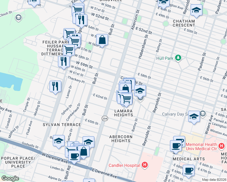 map of restaurants, bars, coffee shops, grocery stores, and more near 4512 Abercorn Street in Savannah