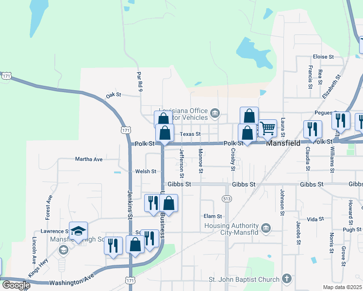 map of restaurants, bars, coffee shops, grocery stores, and more near 104 Jefferson Street in Mansfield
