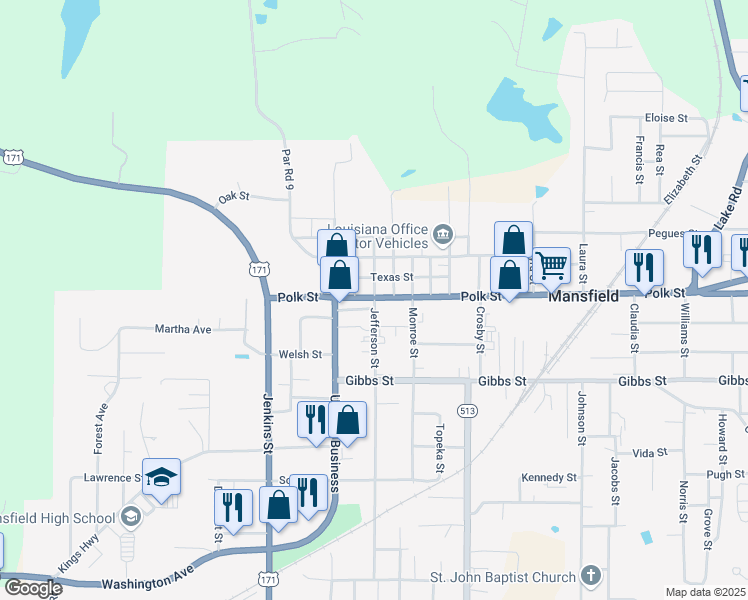 map of restaurants, bars, coffee shops, grocery stores, and more near 104 Jefferson Street in Mansfield
