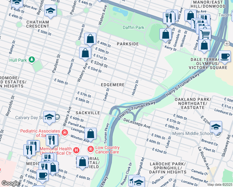 map of restaurants, bars, coffee shops, grocery stores, and more near 1501 East 56th Street in Savannah