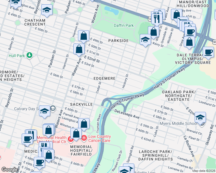 map of restaurants, bars, coffee shops, grocery stores, and more near 1501 East 56th Street in Savannah
