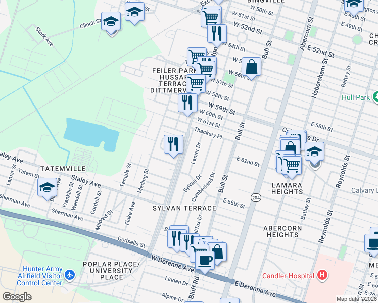 map of restaurants, bars, coffee shops, grocery stores, and more near 4634 Lanier Drive in Savannah