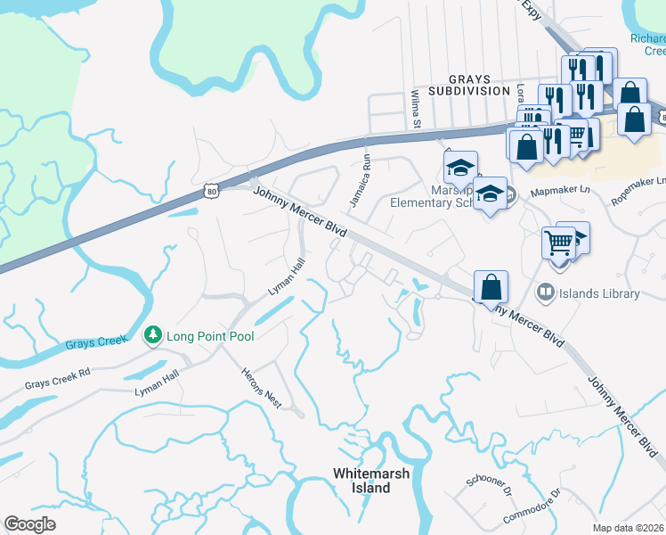map of restaurants, bars, coffee shops, grocery stores, and more near 3037 Whitemarsh Way in Savannah