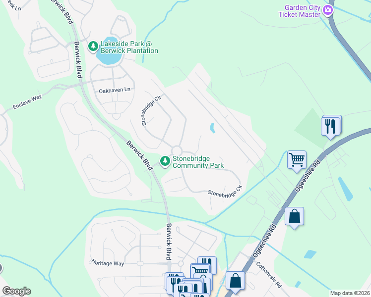 map of restaurants, bars, coffee shops, grocery stores, and more near 413 Stonebridge Circle in Savannah