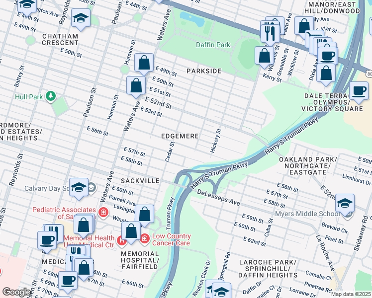 map of restaurants, bars, coffee shops, grocery stores, and more near 1501 East 56th Street in Savannah