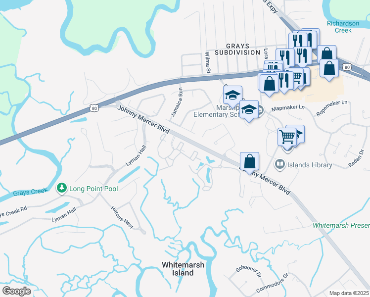 map of restaurants, bars, coffee shops, grocery stores, and more near 1326 Whitemarsh Way in Savannah