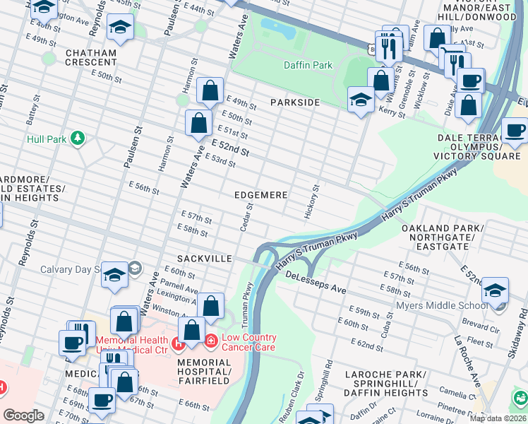 map of restaurants, bars, coffee shops, grocery stores, and more near 1501 East 56th Street in Savannah