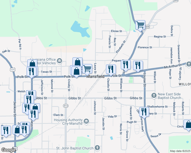 map of restaurants, bars, coffee shops, grocery stores, and more near in Mansfield