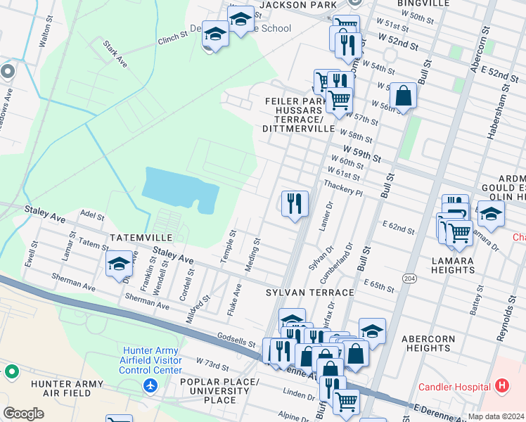 map of restaurants, bars, coffee shops, grocery stores, and more near 4720 Dancy Street in Savannah