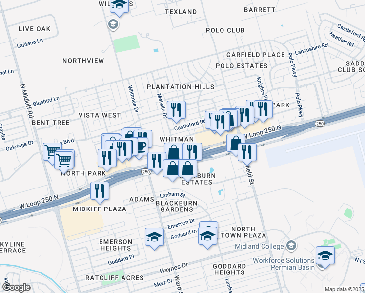 map of restaurants, bars, coffee shops, grocery stores, and more near 2600 North Loop 250 West in Midland
