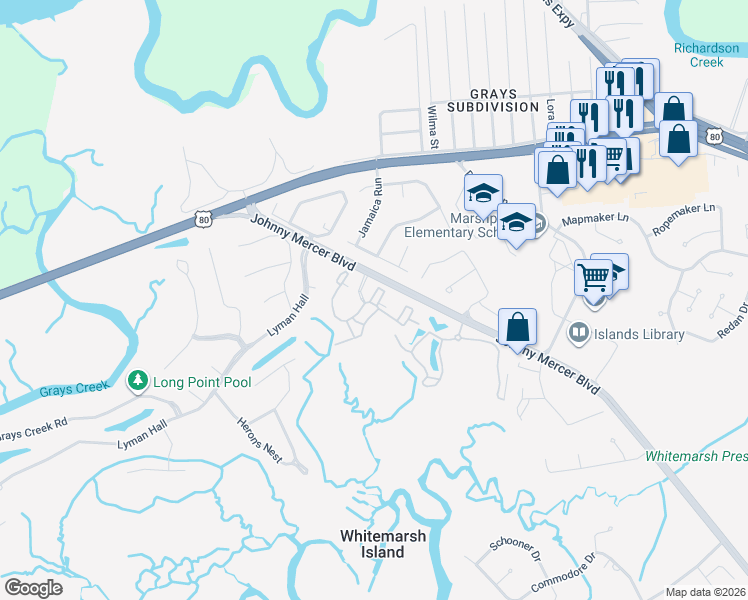 map of restaurants, bars, coffee shops, grocery stores, and more near 1211 Whitemarsh Way in Savannah