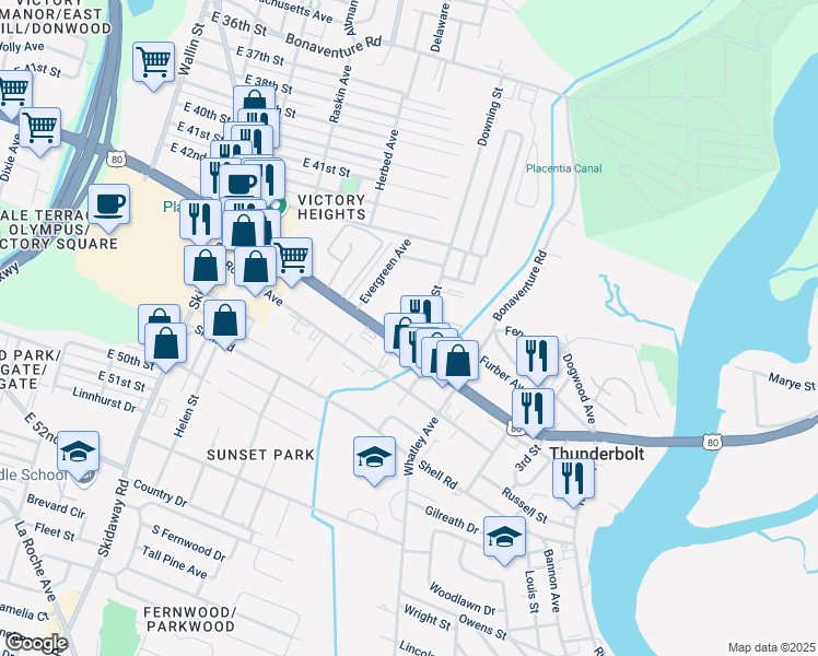 map of restaurants, bars, coffee shops, grocery stores, and more near 3016 East Victory Drive in Savannah