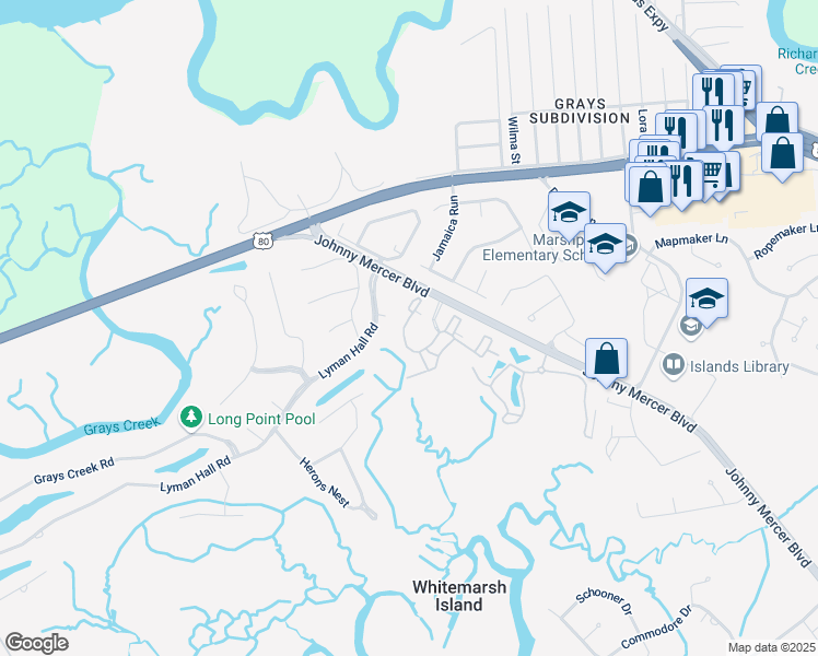 map of restaurants, bars, coffee shops, grocery stores, and more near 3015 Whitemarsh Way in Savannah