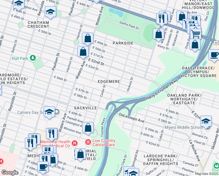 map of restaurants, bars, coffee shops, grocery stores, and more near 1501 East 56th Street in Savannah