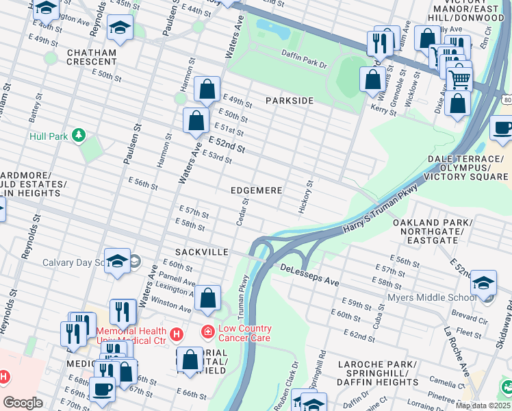 map of restaurants, bars, coffee shops, grocery stores, and more near 1501 East 56th Street in Savannah