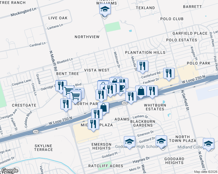 map of restaurants, bars, coffee shops, grocery stores, and more near 2807 Caldera Boulevard in Midland