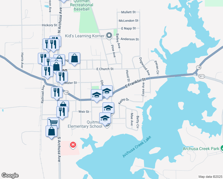 map of restaurants, bars, coffee shops, grocery stores, and more near 100-120 South Jackson Avenue in Quitman