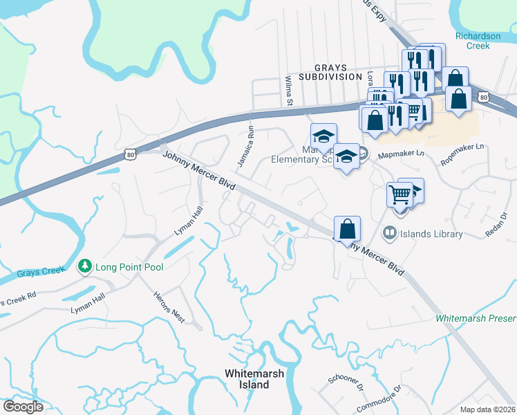 map of restaurants, bars, coffee shops, grocery stores, and more near 117 Old Dock Road in Savannah