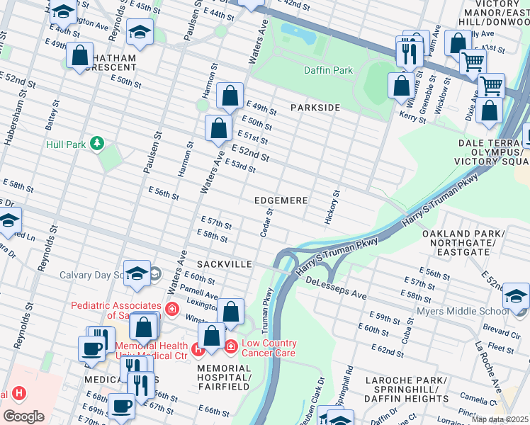 map of restaurants, bars, coffee shops, grocery stores, and more near 1226 East 55th Street in Savannah