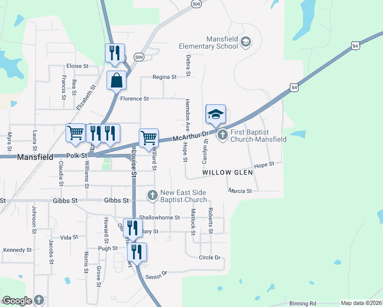 map of restaurants, bars, coffee shops, grocery stores, and more near 101 Hope Street in Mansfield