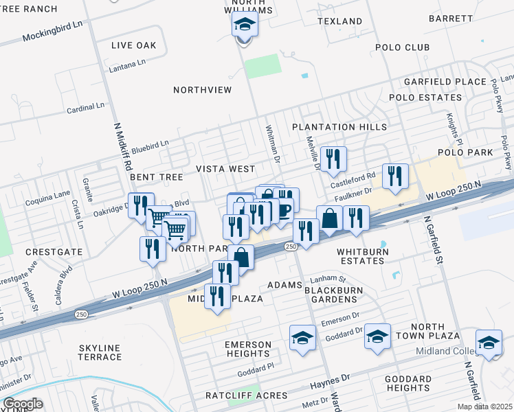 map of restaurants, bars, coffee shops, grocery stores, and more near 2807 Caldera Boulevard in Midland
