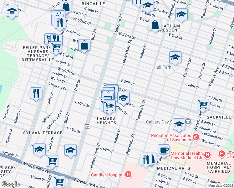 map of restaurants, bars, coffee shops, grocery stores, and more near 208 East 60th Street in Savannah