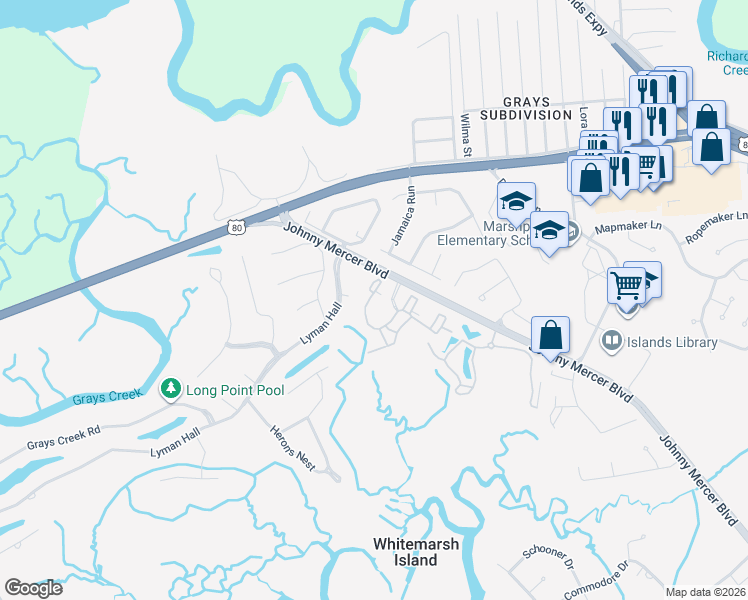 map of restaurants, bars, coffee shops, grocery stores, and more near 3223 Whitemarsh Way in Savannah
