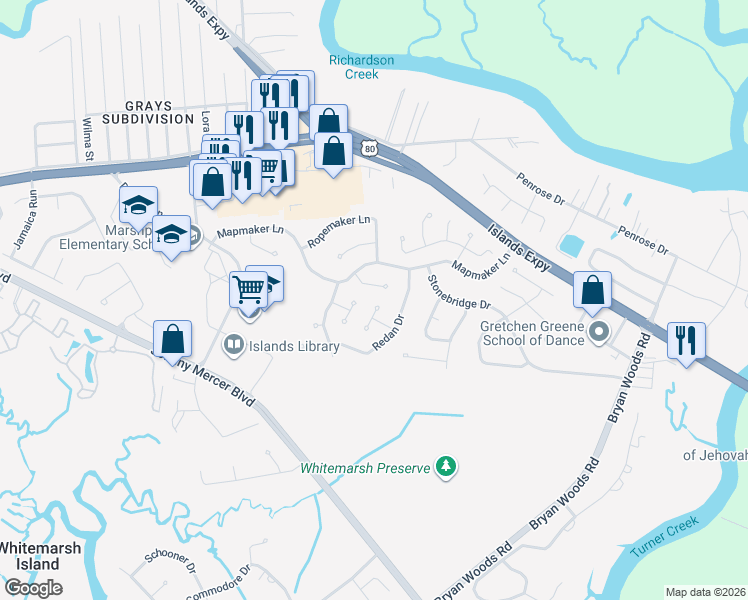 map of restaurants, bars, coffee shops, grocery stores, and more near 103 Mapmaker Cove in Savannah