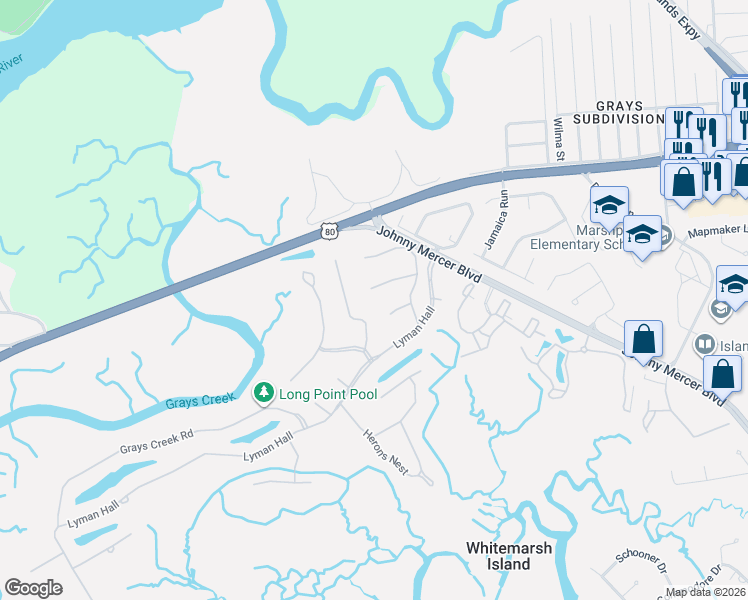 map of restaurants, bars, coffee shops, grocery stores, and more near 7 Shorecrest Court in Savannah