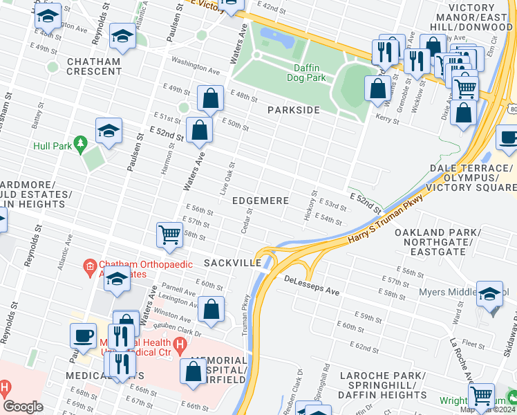 map of restaurants, bars, coffee shops, grocery stores, and more near 1310 East 55th Street in Savannah