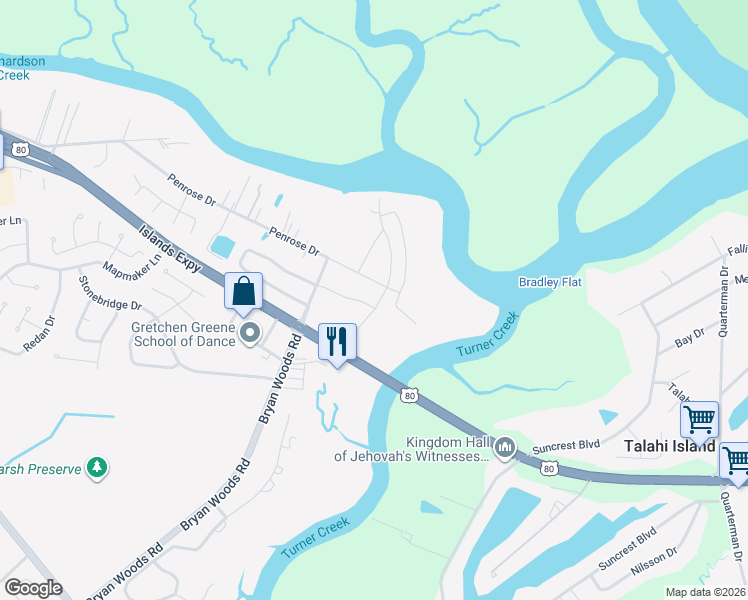 map of restaurants, bars, coffee shops, grocery stores, and more near 306 Penrose Drive in Savannah