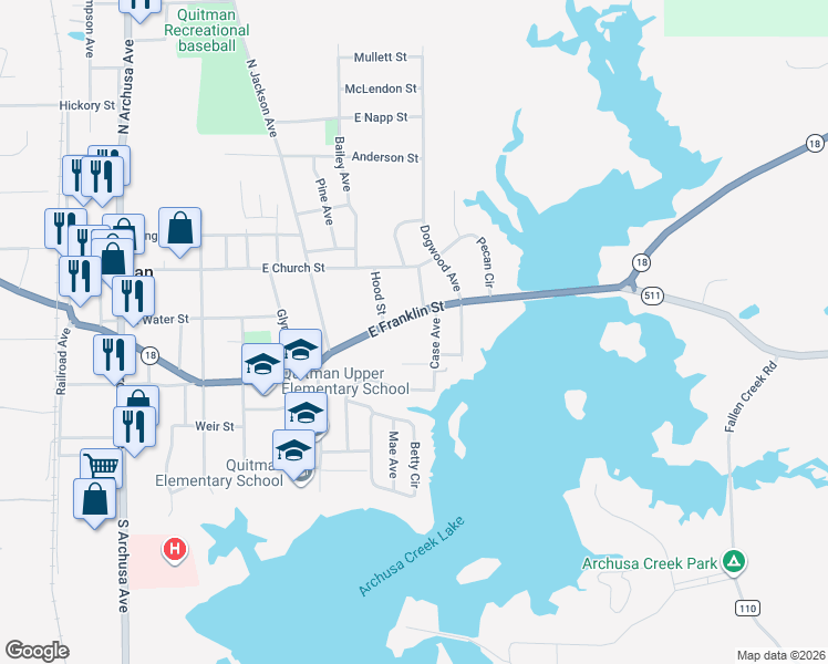 map of restaurants, bars, coffee shops, grocery stores, and more near 200-210 Case Avenue in Quitman