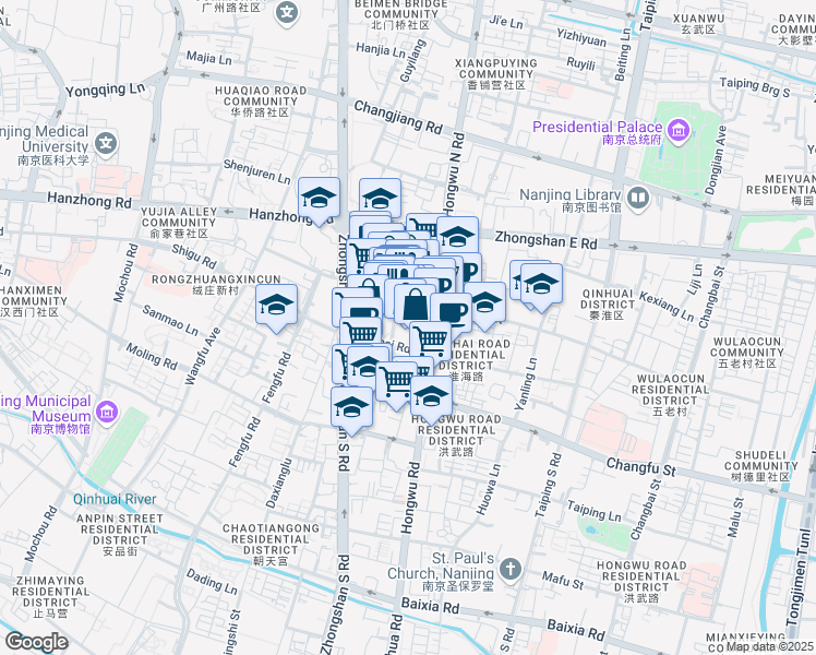 map of restaurants, bars, coffee shops, grocery stores, and more near in Nanjing Shi