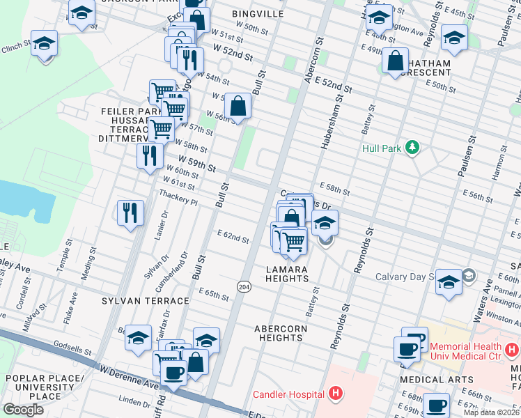map of restaurants, bars, coffee shops, grocery stores, and more near 45 East 60th Street in Savannah